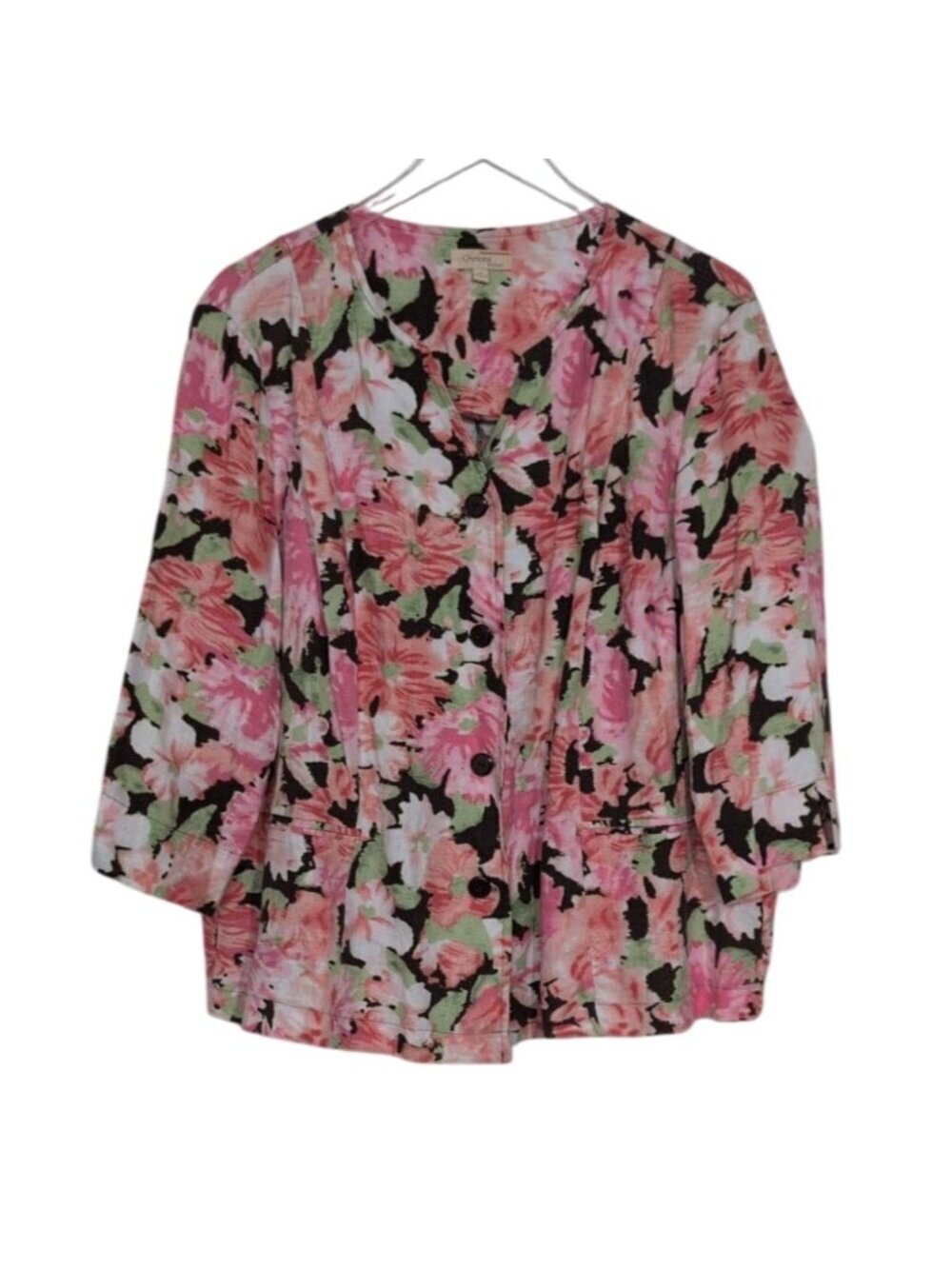 Choices 100% Linen Floral Jacket Womens Size 2X Brown 3/4 Sleeves Button Front